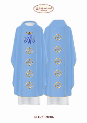 Ecru Chasuble with embroidered Marian band — full view