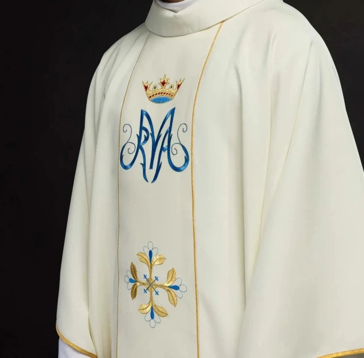 Ecru Chasuble with embroidered Marian band — decoration detail
