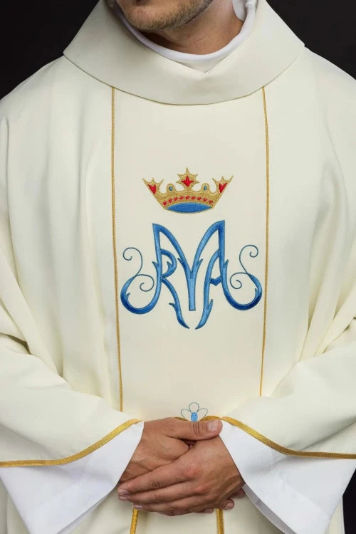 Ecru Chasuble with embroidered Marian band — back view