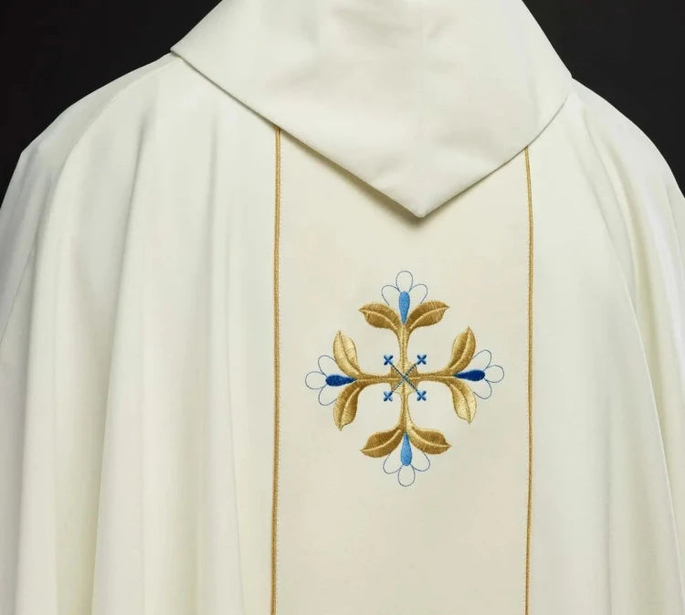 Ecru Chasuble with embroidered Marian band — side view