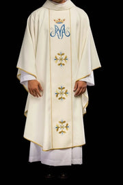 Ecru Chasuble with embroidered Marian band — collar detail