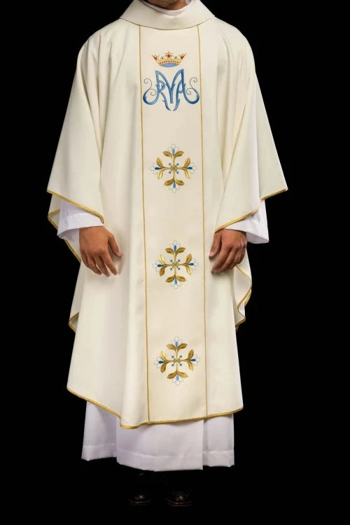 Ecru Chasuble with embroidered Marian band — collar detail