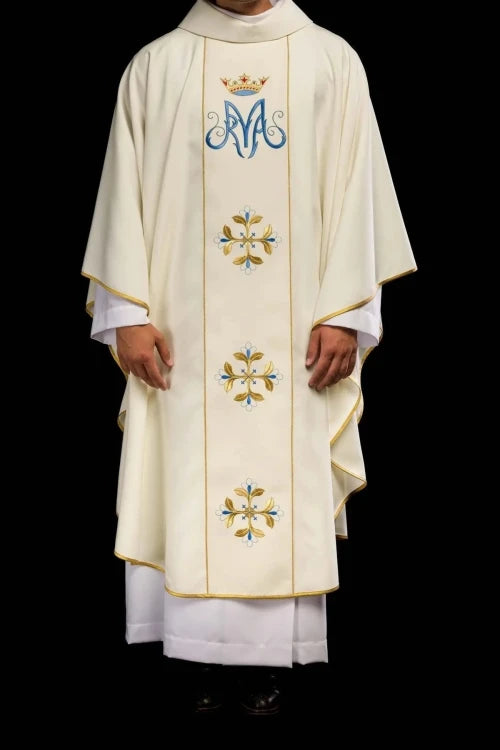 Ecru Chasuble with embroidered Marian band — fabric detail