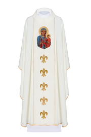 Ecru Chasuble with image of Our Lady of Częstochowa — front view