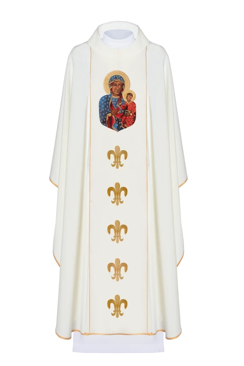Ecru Chasuble with image of Our Lady of Częstochowa — front view