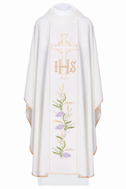 Ecru Chasuble with IHS, grapes and wheat embroidery — front view