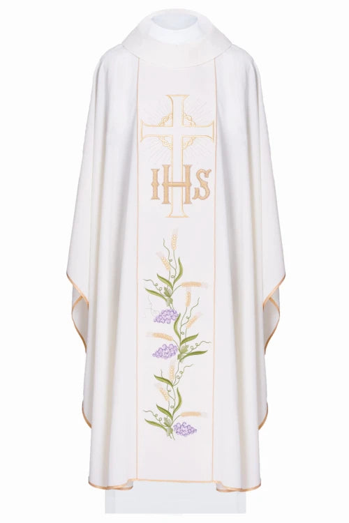 Ecru Chasuble with IHS, grapes and wheat embroidery — front view