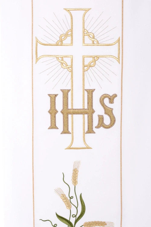 Ecru Chasuble with IHS, grapes and wheat embroidery — full view