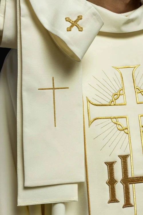 Ecru Chasuble with IHS, grapes and wheat embroidery — back view