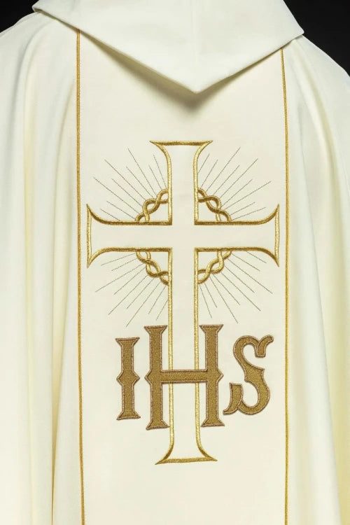 Ecru Chasuble with IHS, grapes and wheat embroidery — close-up detail