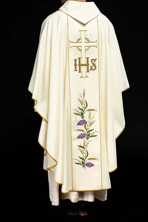 Ecru Chasuble with IHS, grapes and wheat embroidery — side view