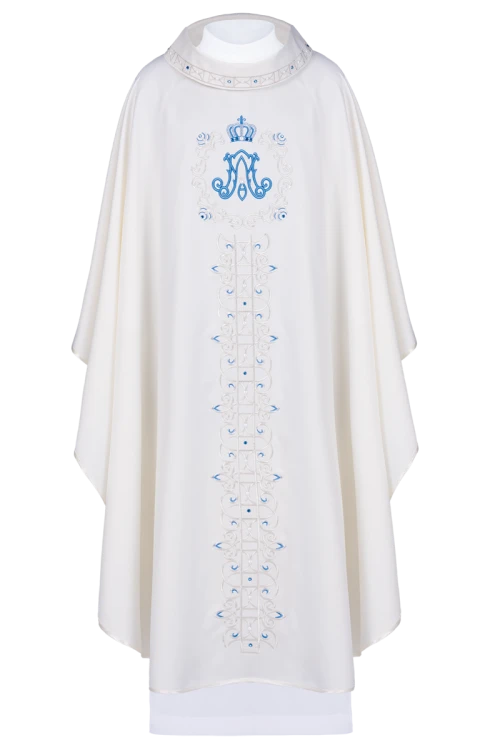 Ecru Chasuble with embroidered Marian band — front view
