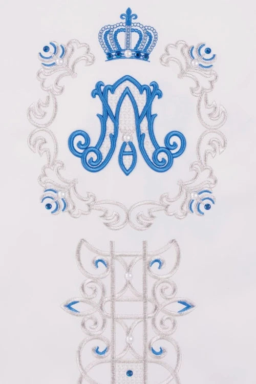 Ecru Chasuble with embroidered Marian band — full view