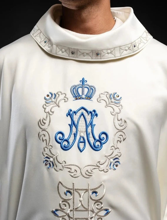 Ecru Chasuble with embroidered Marian band — decoration detail