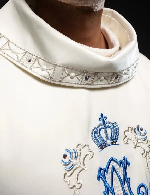 Ecru Chasuble with embroidered Marian band — back view