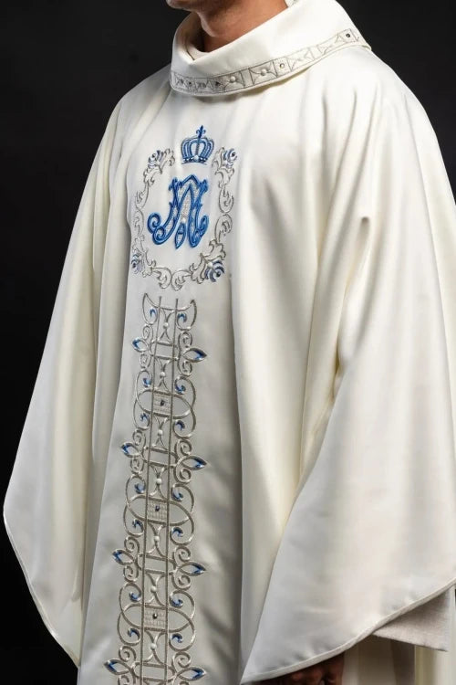 Ecru Chasuble with embroidered Marian band — side view
