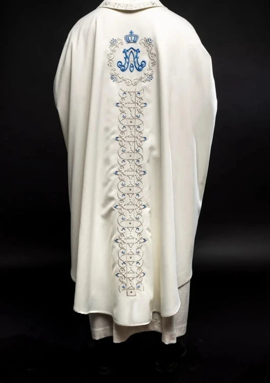 Ecru Chasuble with embroidered Marian band — collar detail