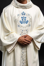 Ecru Chasuble with embroidered Marian band — fabric detail
