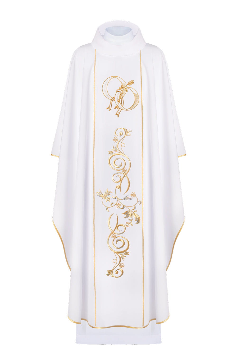 Ecru wedding chasuble with embroidered wedding rings – front view