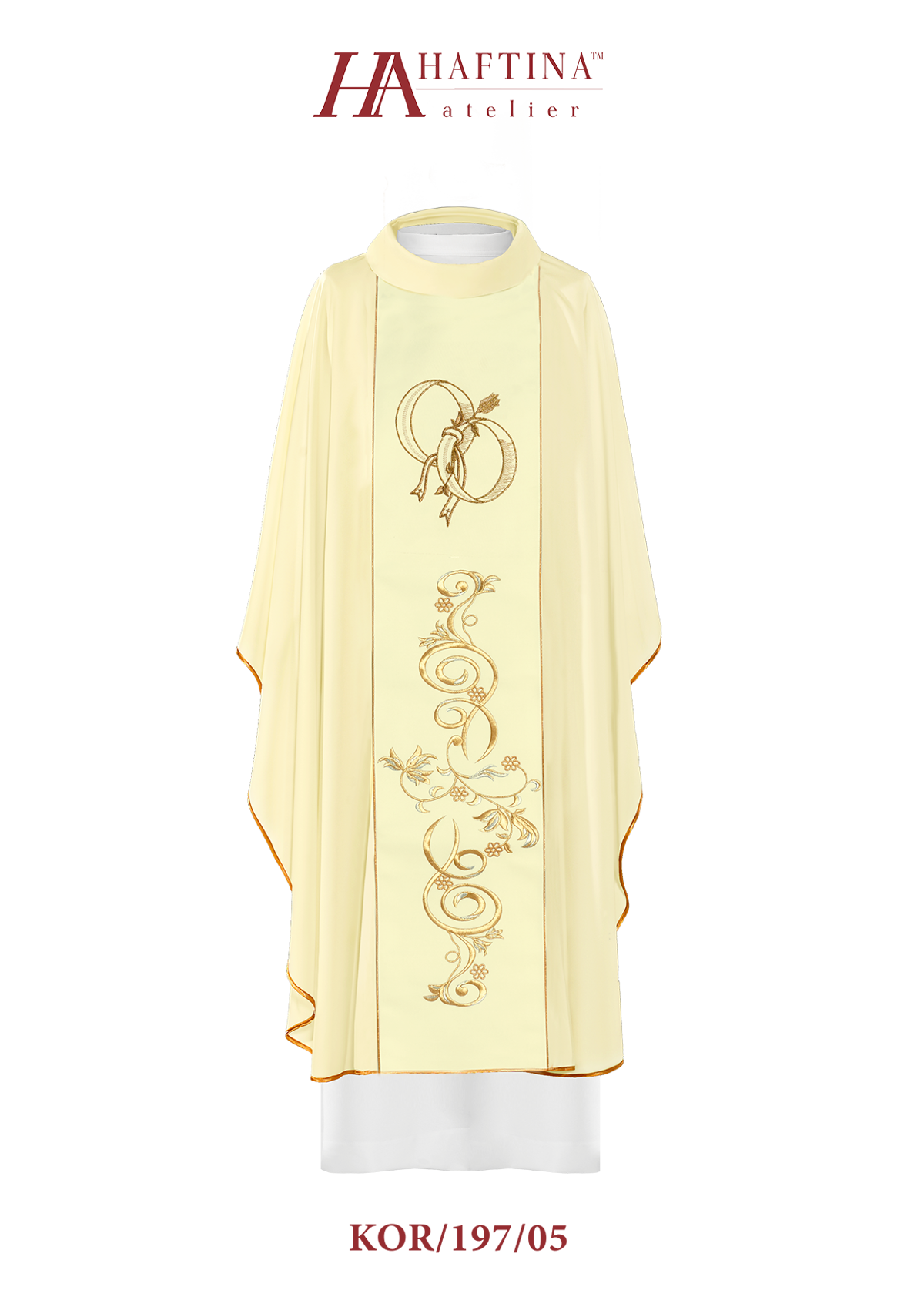 Ecru wedding chasuble with rings – full garment view