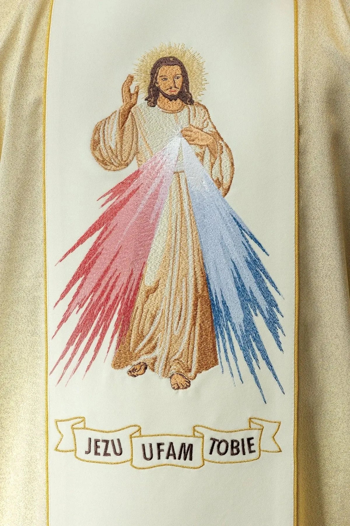 Goldene Kasel mit dem Barmherzigen Jesus – englische Ausführung
