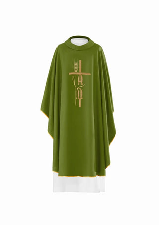 Green Chasuble with Alpha and Omega embroidery — front view