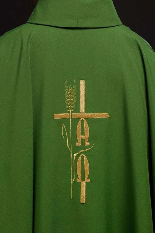 Green Chasuble with Alpha and Omega embroidery — side view