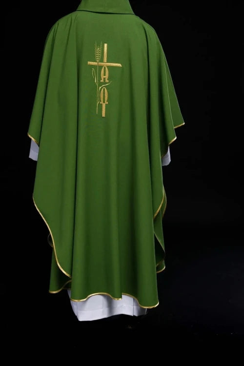 Green Chasuble with Alpha and Omega embroidery — collar detail