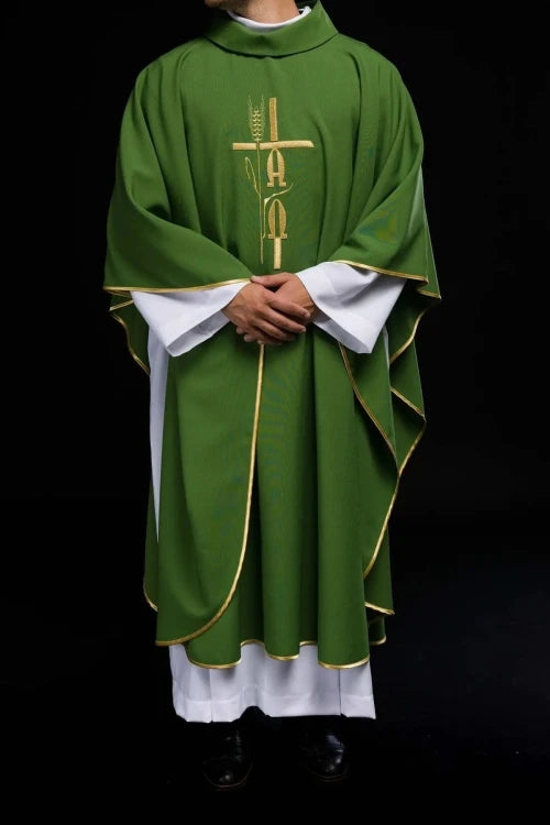 Green Chasuble with Alpha and Omega embroidery — fabric detail