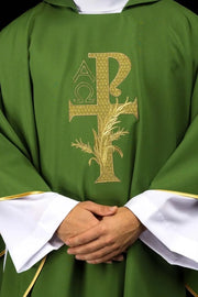 Green Chasuble with Alpha and Omega embroidery and wide collar — front view