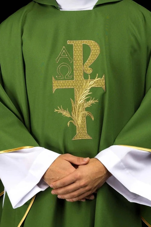 Green Chasuble with Alpha and Omega embroidery and wide collar — front view