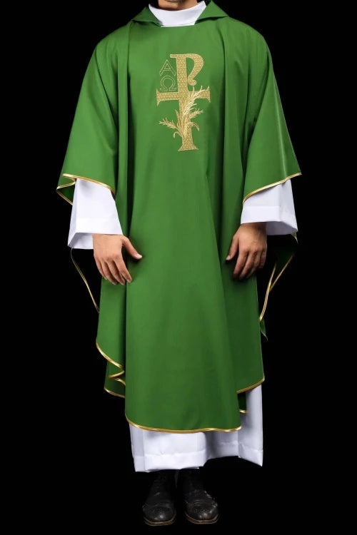 Green Chasuble with Alpha and Omega embroidery and wide collar — full view