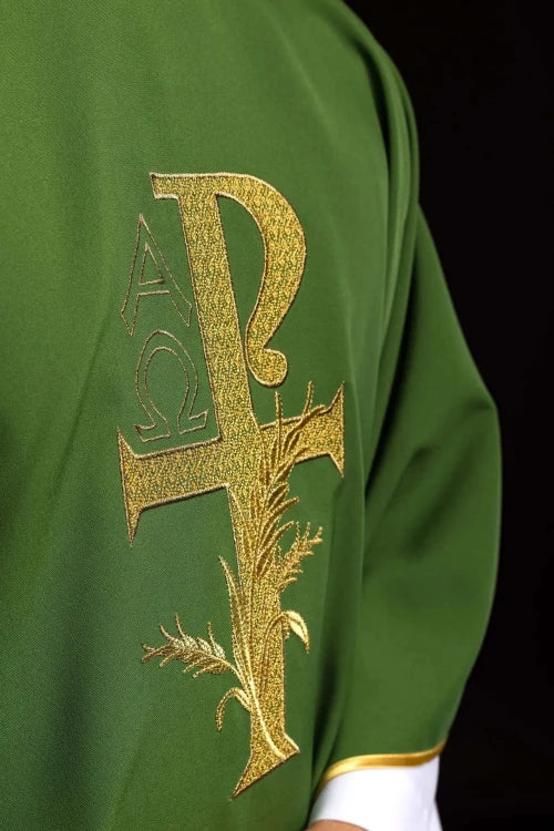 Green Chasuble with Alpha and Omega embroidery and wide collar — decoration detail