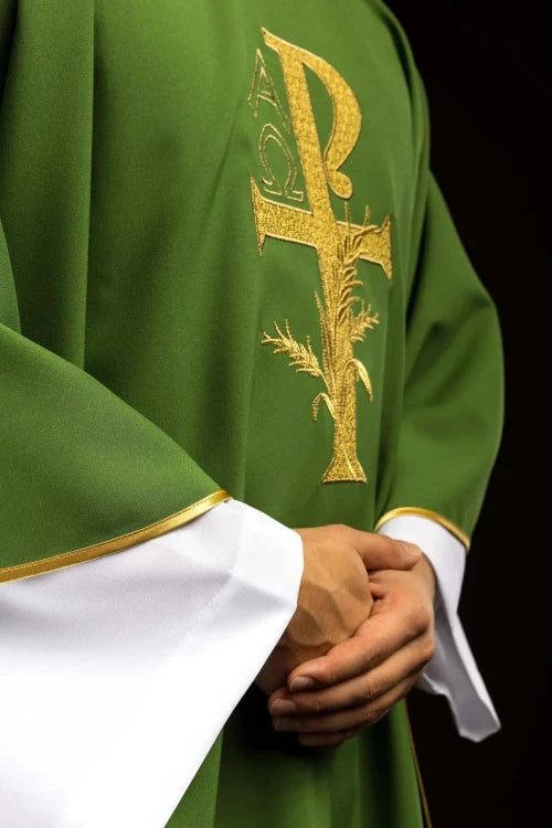 Green Chasuble with Alpha and Omega embroidery and wide collar — back view