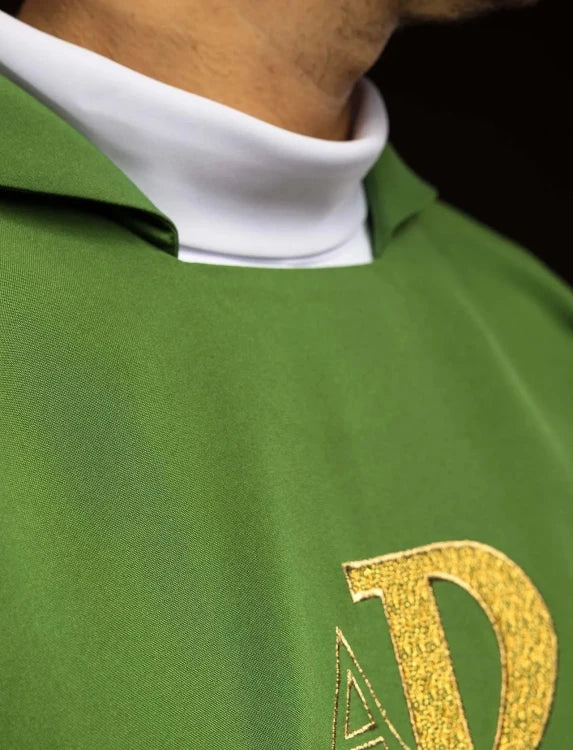 Green Chasuble with Alpha and Omega embroidery and wide collar — close-up detail