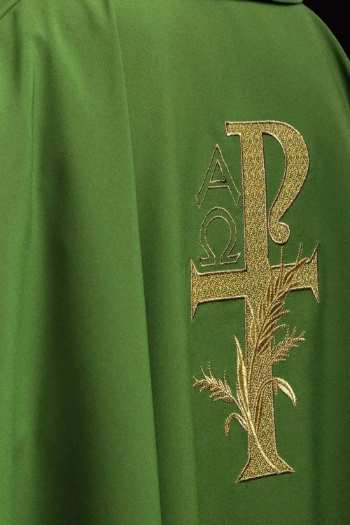 Green Chasuble with Alpha and Omega embroidery and wide collar — side view