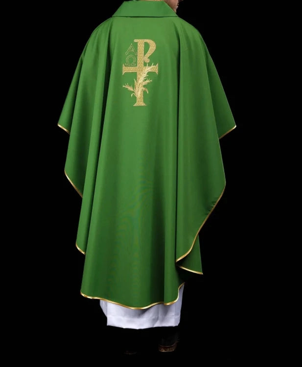 Green Chasuble with Alpha and Omega embroidery and wide collar — collar detail