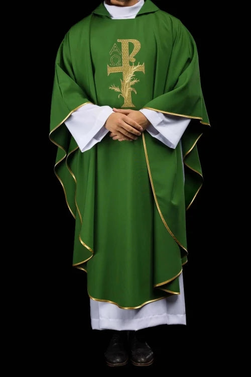 Green Chasuble with Alpha and Omega embroidery and wide collar — fabric detail