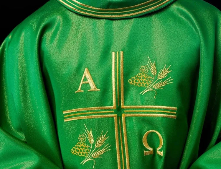 Green Chasuble with Alpha, Omega, wheat and cross embroidery — front view