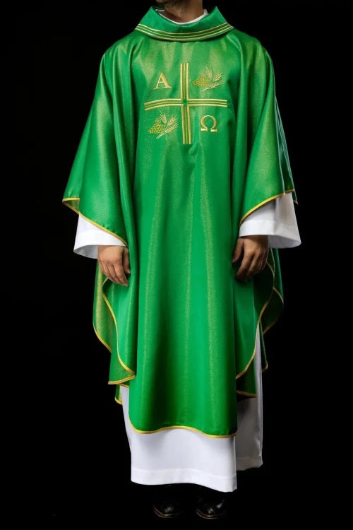 Green Chasuble with Alpha, Omega, wheat and cross embroidery — full view