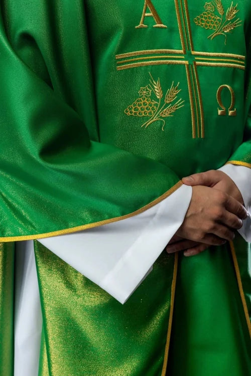 Green Chasuble with Alpha, Omega, wheat and cross embroidery — back view
