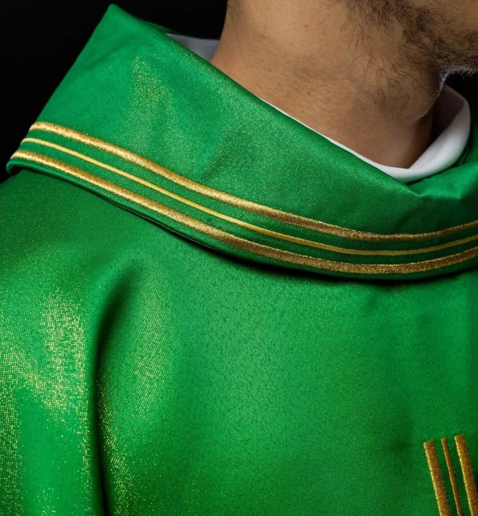 Green Chasuble with Alpha, Omega, wheat and cross embroidery — close-up detail
