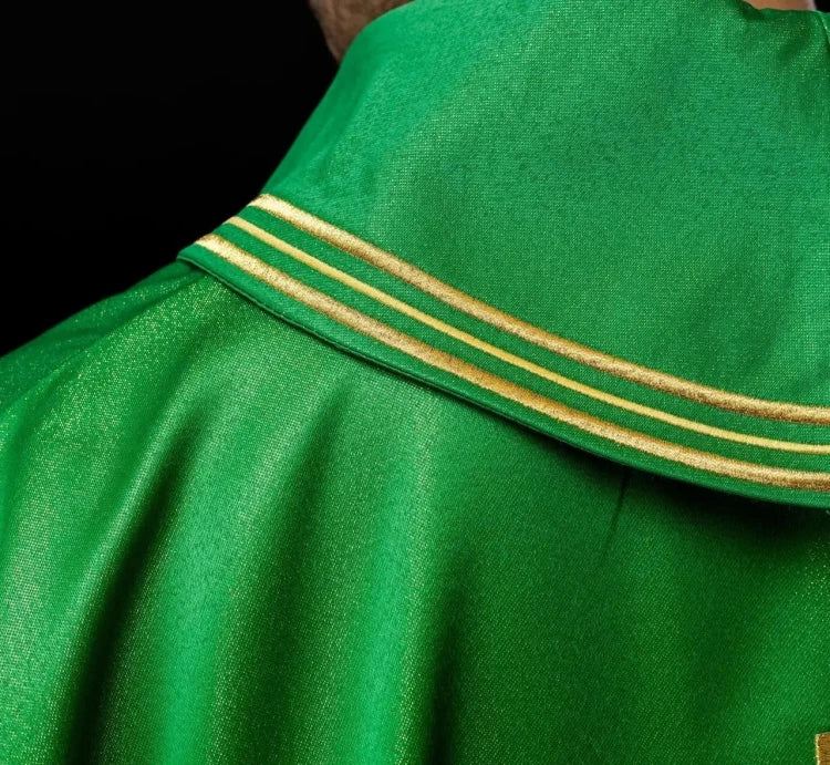 Green Chasuble with Alpha, Omega, wheat and cross embroidery — side view