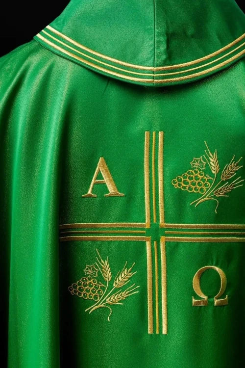 Green Chasuble with Alpha, Omega, wheat and cross embroidery — collar detail