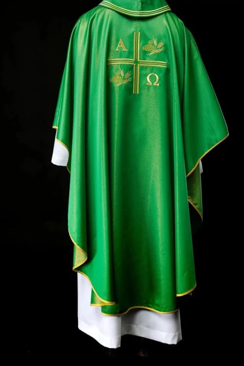 Green Chasuble with Alpha, Omega, wheat and cross embroidery — fabric detail