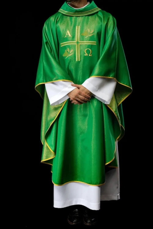 Green Chasuble with Alpha, Omega, wheat and cross embroidery — vestment detail