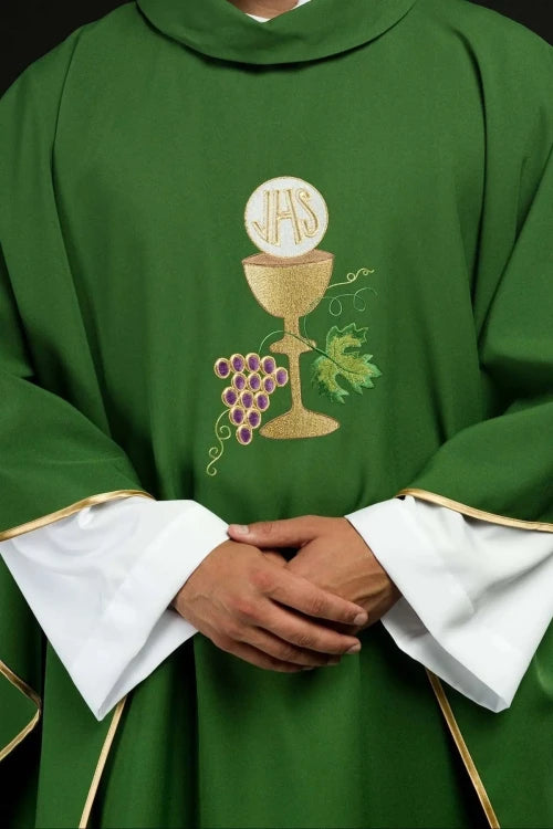 Green Chasuble with chalice and grape embroidery — front view