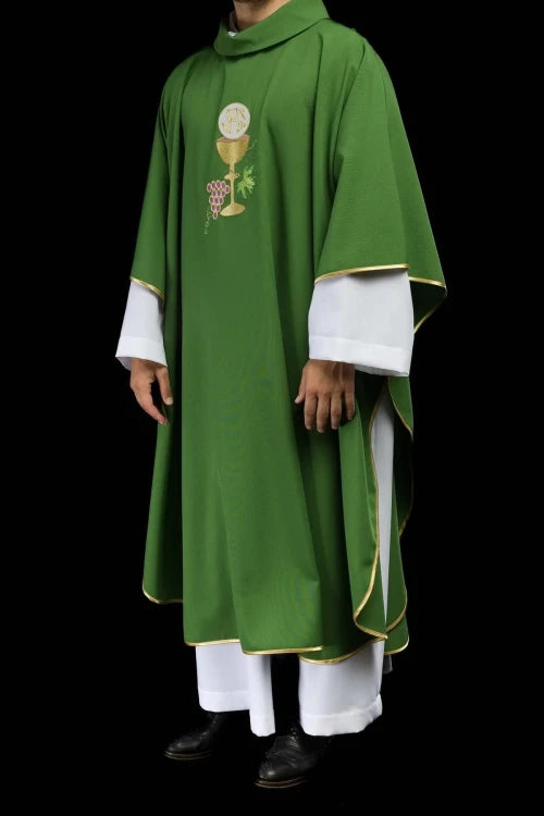 Green Chasuble with chalice and grape embroidery — full view