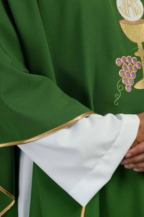 Green Chasuble with chalice and grape embroidery — back view
