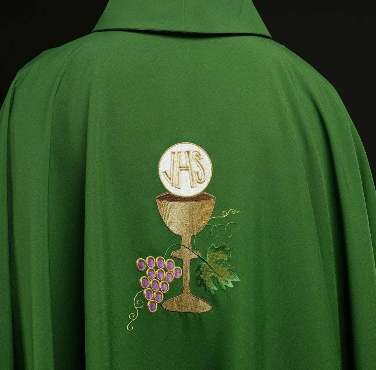 Green Chasuble with chalice and grape embroidery — close-up detail